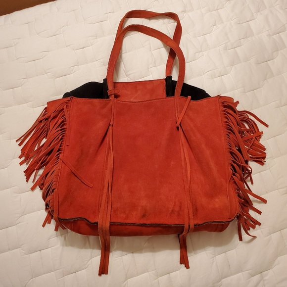 Zara Handbags - Red Suede Fringe Hobo/Tote